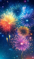 Colorful exploding fireworks creating festive displays against dark background