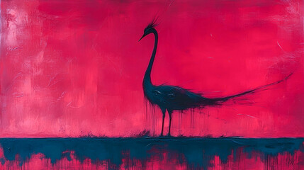 Fototapeta premium Black silhouette of a crane against vibrant abstract red background showcasing artistic expression in contemporary art