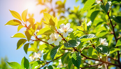 Fototapeta premium Beautiful flowering tree with vibrant green foliage, nature's bloom