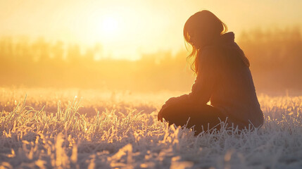 Serene Sunrise Silhouette of a Woman in a Frosty Field