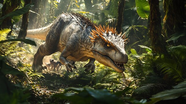 Mischievous Stygimoloch dashing through a dense prehistoric jungle its spiky head low as it weaves between trees a small pack following behind