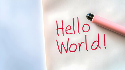 Red Hello World Text Written With Pink Pen On White Paper Over Soft Blue Background