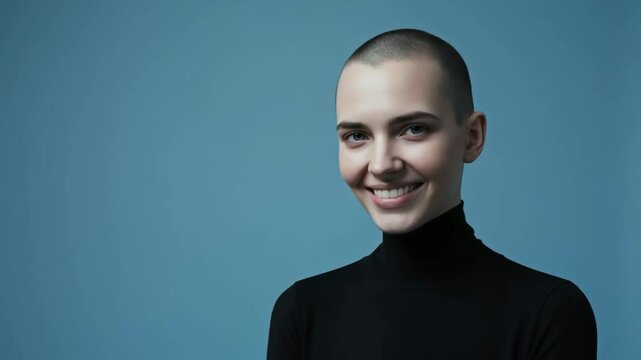 Minimalist portrait of a non-binary person with a shaved head wearing a black turtleneck against a blue background. Androgyny, gender identity, modern fashion, self-expression, individuality.