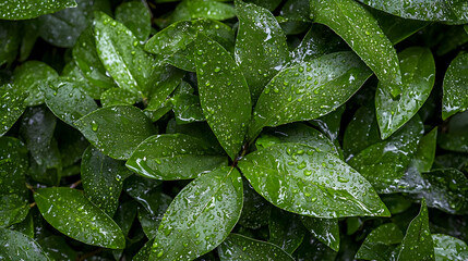 Lush green leaves with water droplets, nature background, plant texture, ideal for website design