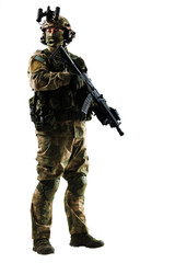 Military soldier in camouflage gear holding weapon on white background