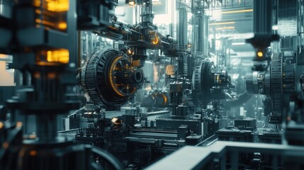 Futuristic Machinery Interior, intricate automated systems, glowing components,  background of complex mechanisms.  Possible use industrial design concept