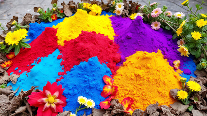 Bright and colorful powders in various vibrant hues on display representing the joyful and festive spirit of the Holi festival with vivid colors