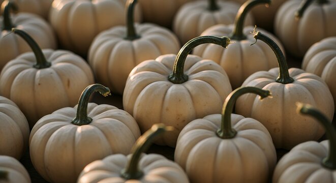 White Pumpkins with Green Stems Close Up Fall Harvest Autumn Garden
