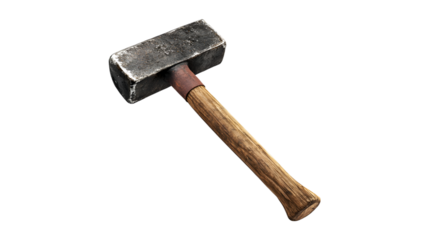 Old sledgehammer isolated on black background heavy tool construction work rusty metal wood handle,