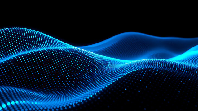 Dynamic blue wave of glowing particles on black background, abstract futuristic digital design with fluid wave patterns, blue tech concept