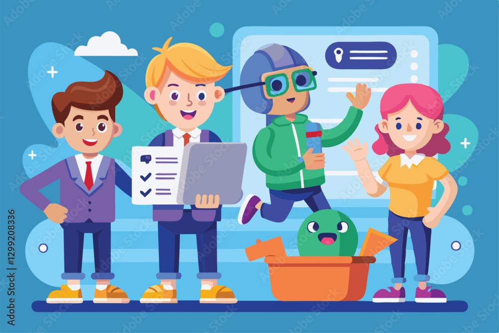 Poster a group of enthusiastic characters actively participating in an onboarding session with interactive 