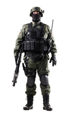 Armed Tactical Officer Standing in Protective Gear Holding a Rifle Against a White Background
