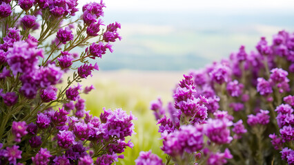 Obraz premium Field of purple wildflowers in focus with soft blur background, vibrant floral meadow in springtime bloom, nature landscape