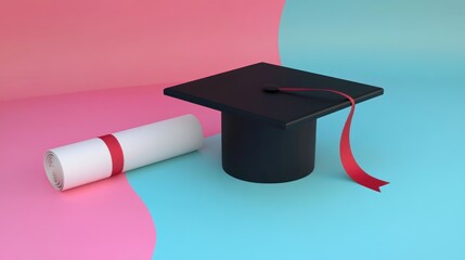Graduation cap, diploma, pastel background
