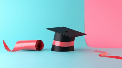 Graduation cap, ribbon, pastel background