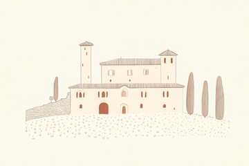Naklejka premium Tuscan Style Castle Illustration Beige And Brown Tones And Hues Of The Landscape Illustration Style Drawing With Pastel Color Scheme And White Background.Simple Design With Trees And Hill.Calm And