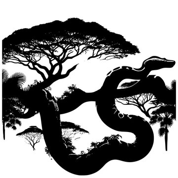 silhouette of a tropical branch with a python on it