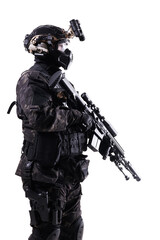 Side Profile of a Modern Special Forces Soldier Equipped with Advanced Tactical Gear