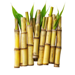 Freshly cut stalks of natural sugar cane, isolated on white transparent background