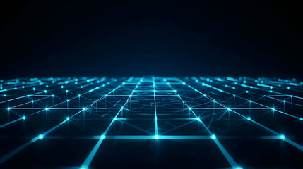 Abstract Digital Network Grid Illuminated With Blue Light on Dark Background Depicting Data Connection and Technology