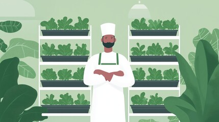 Urban hydroponic farming: chef standing proudly amidst lush indoor garden of fresh greens