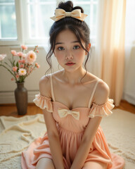 Peachy Bow Girl – Soft Elegance & Delicate Charm