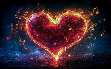Vibrant heart design surrounded by musical notes, symbolizing love and passion during a night celebration