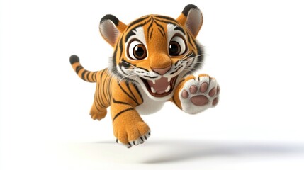 Playful tiger cub leaps forward on white © Nurul