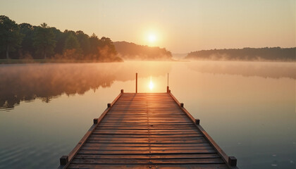 Fototapeta premium Wooden dock overlooking a calm lake at sunrise