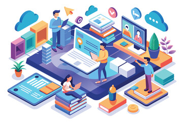 Obraz premium Virtual learners engage with educational resources and technology in a colorful isometric environment, Online article Customizable Isometric Illustration