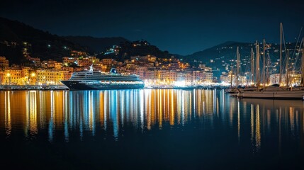 Naklejka premium Night Harbor Cruise Ship & Yachts