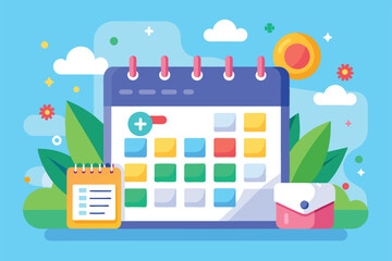 A customizable calendar design showcases vibrant sections and surrounding foliage for easy planning, Online calendar Customizable Flat Illustration