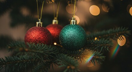 Christmas Tree Ornaments in Red and Green Hanging From Branches with Bokeh Lights