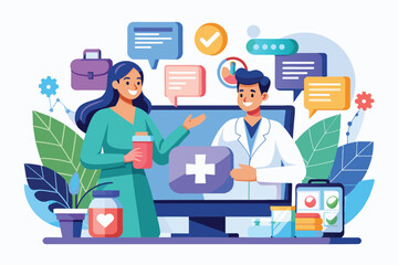 Fototapeta premium A patient discusses health concerns with a medical professional during a virtual pharmacy consultation, online consultation and online pharmacy services