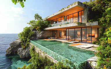 Luxury villa overlooking the ocean with modern architecture, surrounded by nature, featuring a stunning infinity pool and lush greenery in bright daylight