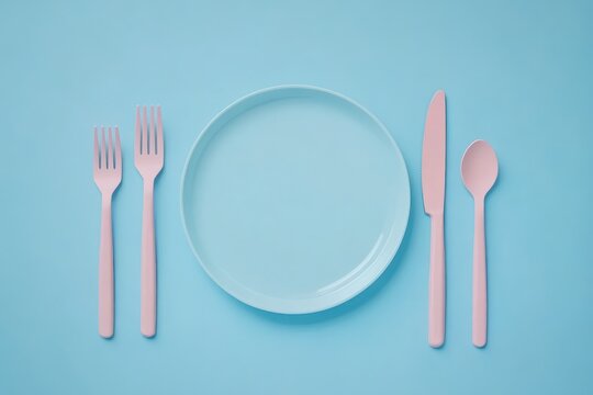 Pastel pink cutlery, blue plate, flat lay, minimalist food setting, background blue
