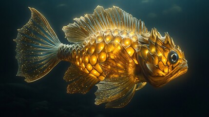 Mesmerizing Pinecone Fish glowing softly in the deep sea its bioluminescent patterns forming intricate golden scales an ancient armored swimmer of the ocean