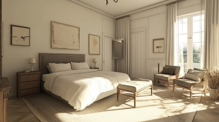 Sunny bedroom interior with art and natural light