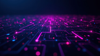 Obraz premium A colorful digital representation of a Ci/CD pipeline with interconnected nodes in shades of purple and blue on a dark background.