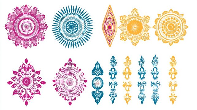 This vibrant Indian design features intricate mandala patterns and traditional mehandi motifs. The vector illustration in EPS 10 format appears against a white background.  