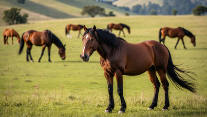 Fototapeta premium Graceful wild horse in open meadow, warm sunlight enhancing its coat. Rolling hills and scattered trees create a serene, untamed atmosphere. Great for nature visuals.