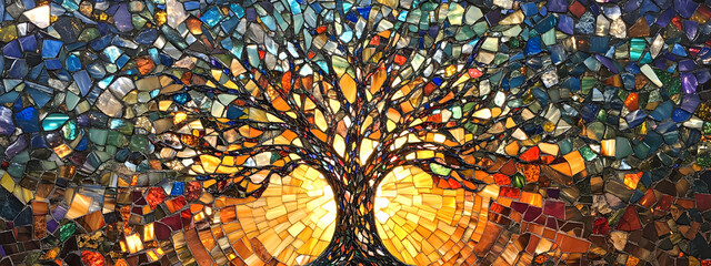 A tree of life with many branches and leaves, the tree is made from a glass mosaic art style
