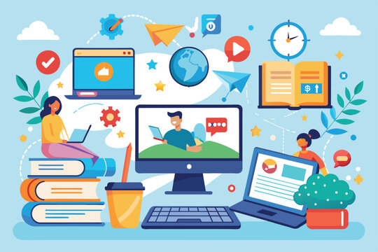 Learners actively participate in online courses while utilizing computers in a colorful learning environment, Online courses and tutorials using computers and laptops