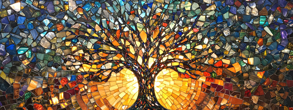 A tree of life with many branches and leaves, the tree is made from a glass mosaic art style

