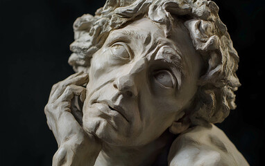 Naklejka premium Detailed sculpture of a thoughtful figure with expressive features, showcasing intricate craftsmanship and emotional depth in a dark setting