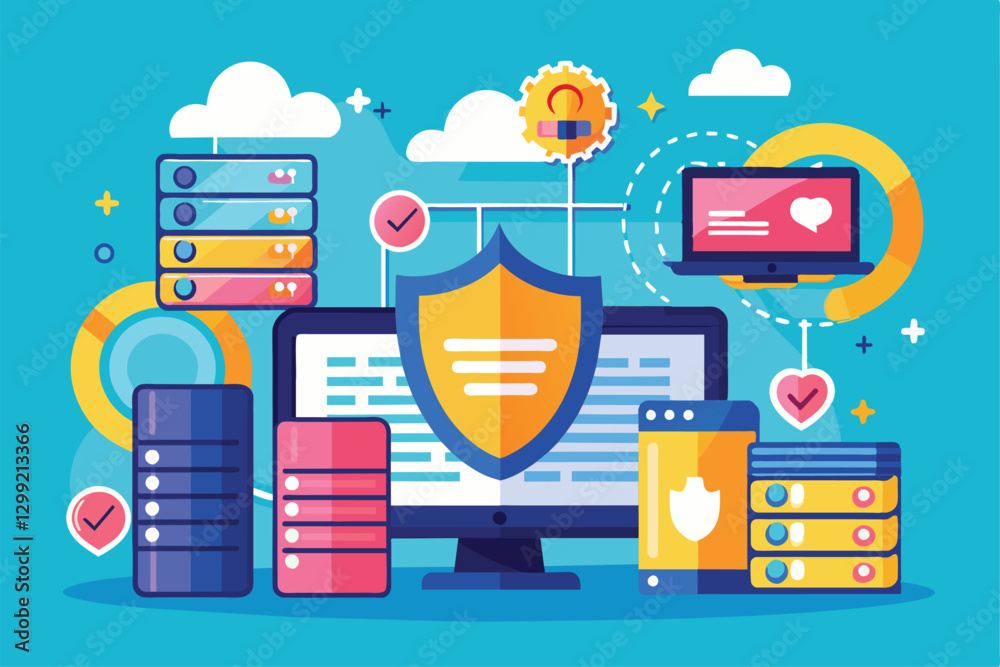 Aufkleber illustration showcasing sql technology and online data security concepts with various digital device
