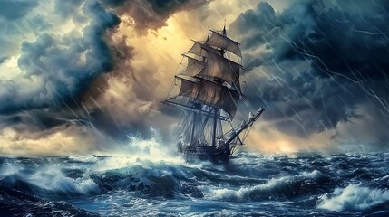 Fototapeta premium Sailing ship in stormy sea. 3d render illustration.