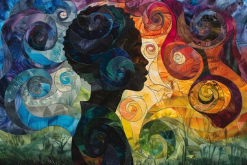 Vibrant paper collage artwork depicting a woman's profile with colorful swirling hair and background in a modern artistic style