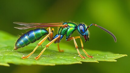 Naklejka premium Mesmerizing Jewel Wasp perched on a leaf its iridescent blue green exoskeleton reflecting the sunlight delicate legs gripping tightly antennae twitching as it searches for a host