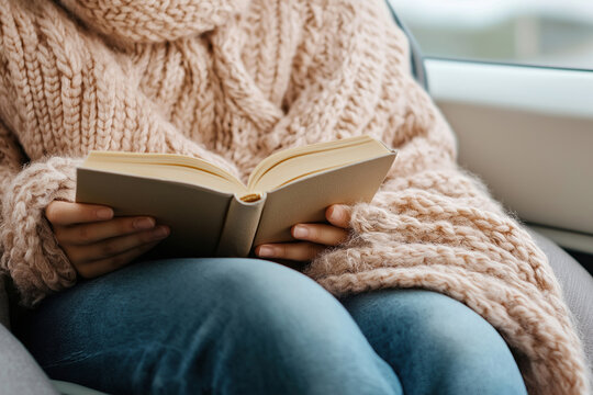 Cozy reader enjoying a book while wrapped in a soft sweater on a chilly day